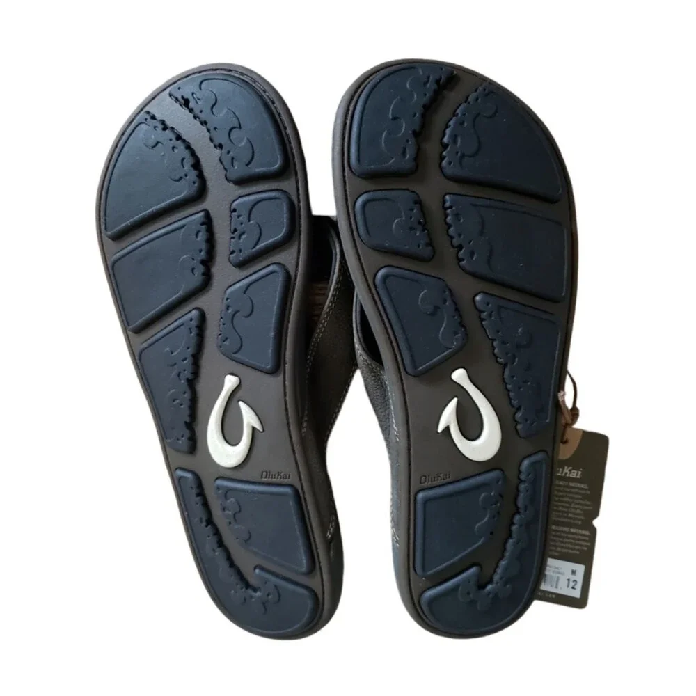 OluKai Nui Men’s Flip Flop Sandals Full Grain Leather Gray Size 12 NEW